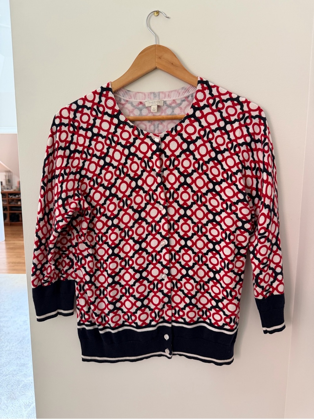 Talbots Red White Navy Geometric Print Cardigan Sweater S